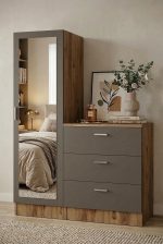 Robin Home Lyana Aynalı Şifonyer Gardırop Çam-Gri