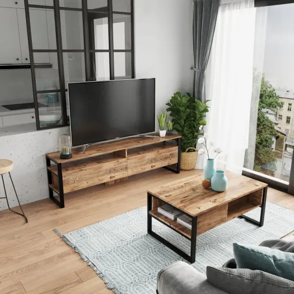 Robin Home Tv Sehpası Televizyon Ünitesi 180 cm Orta Sehpa 2'li Takım Metal Ayaklı
