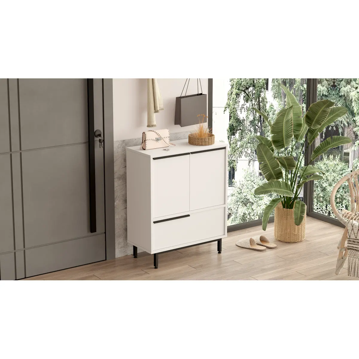 Robin Home Lidya Ayakkabılık Çok Amaçlı Dolap 3 Kapaklı Metal Ayaklı Beyaz - Görsel 3