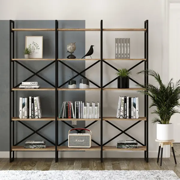 Robin Home Atlantis Metal Kitaplık 5 Raflı Geniş 3 Bölme 175cm AS6-A