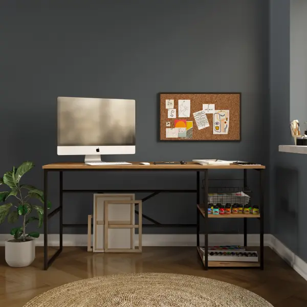 Robin Home Atlantis Metal Ofis Büro Çalışma Masası Bilgisayar Masası Laptop Masası Raflı 160cm AS28-A Çam