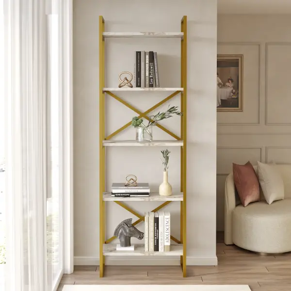 Robin Home Atlantis Gold Metal Kitaplık 5 Raflı 175cm Mermer Desen