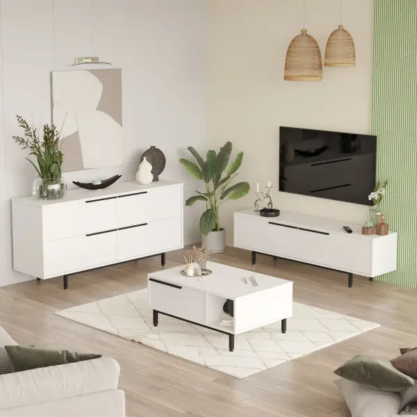 Robin Home Lidya Tv Ünitesi Orta Sehpa Konsol 3'Lü Set Beyaz