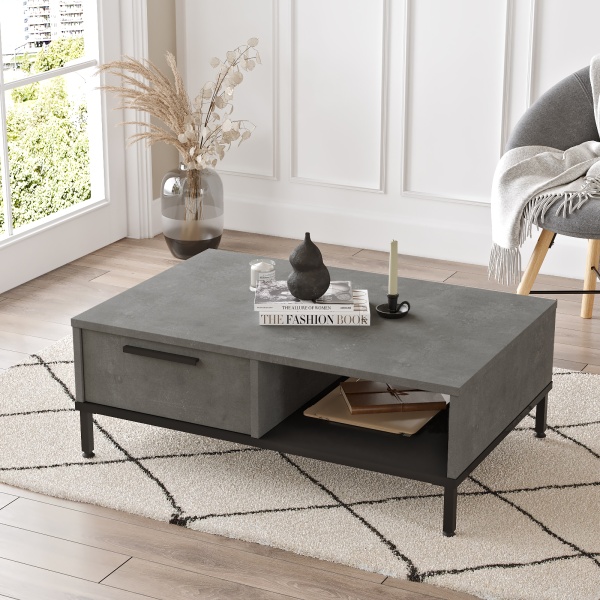 Robin Home Diego Orta Sehpa Metal Ayaklı Çekmeceli Beton-Siyah DG18-RL