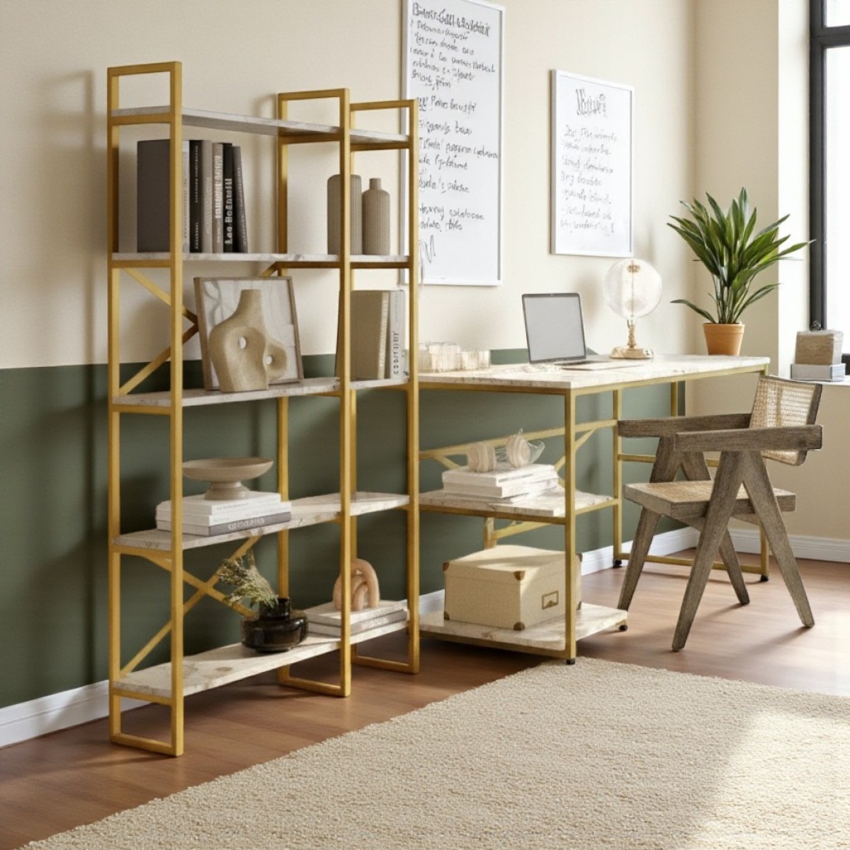 Robin Home Gold Çalışma Masası ve Gold Kitaplık Metal Ayaklı 2'li Set - Görsel 1