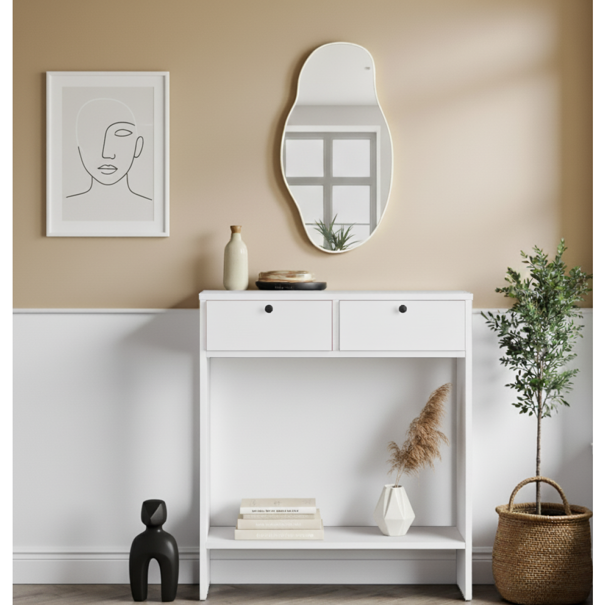 Robin Home Asimetrik Aynalı Dresuar 2 Kapaklı Hol Antre Beyaz 80cm No1 - Görsel 1