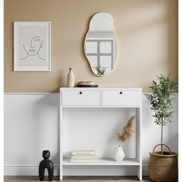 Robin Home Asimetrik Aynalı Dresuar 2 Kapaklı Hol Antre Beyaz 80cm No1