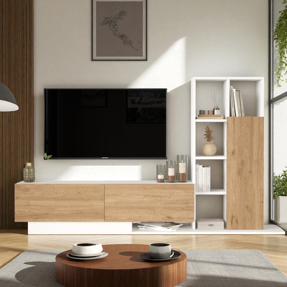 Robin Home Tv Ünitesi Kapaklı Kitaplık Raflı Beyaz - Görsel 1