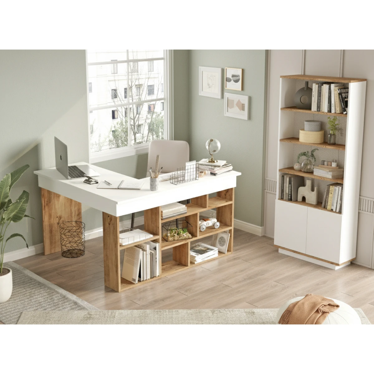 Robin Home Çalışma Masası + Kitaplık 2'li Set Çam- Beyaz - Görsel 1