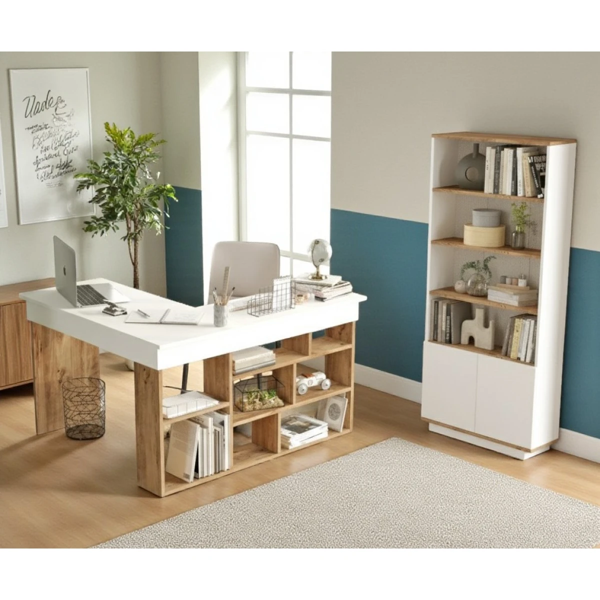 Robin Home Çalışma Masası + Kitaplık 2'li Set Çam- Beyaz - Görsel 2