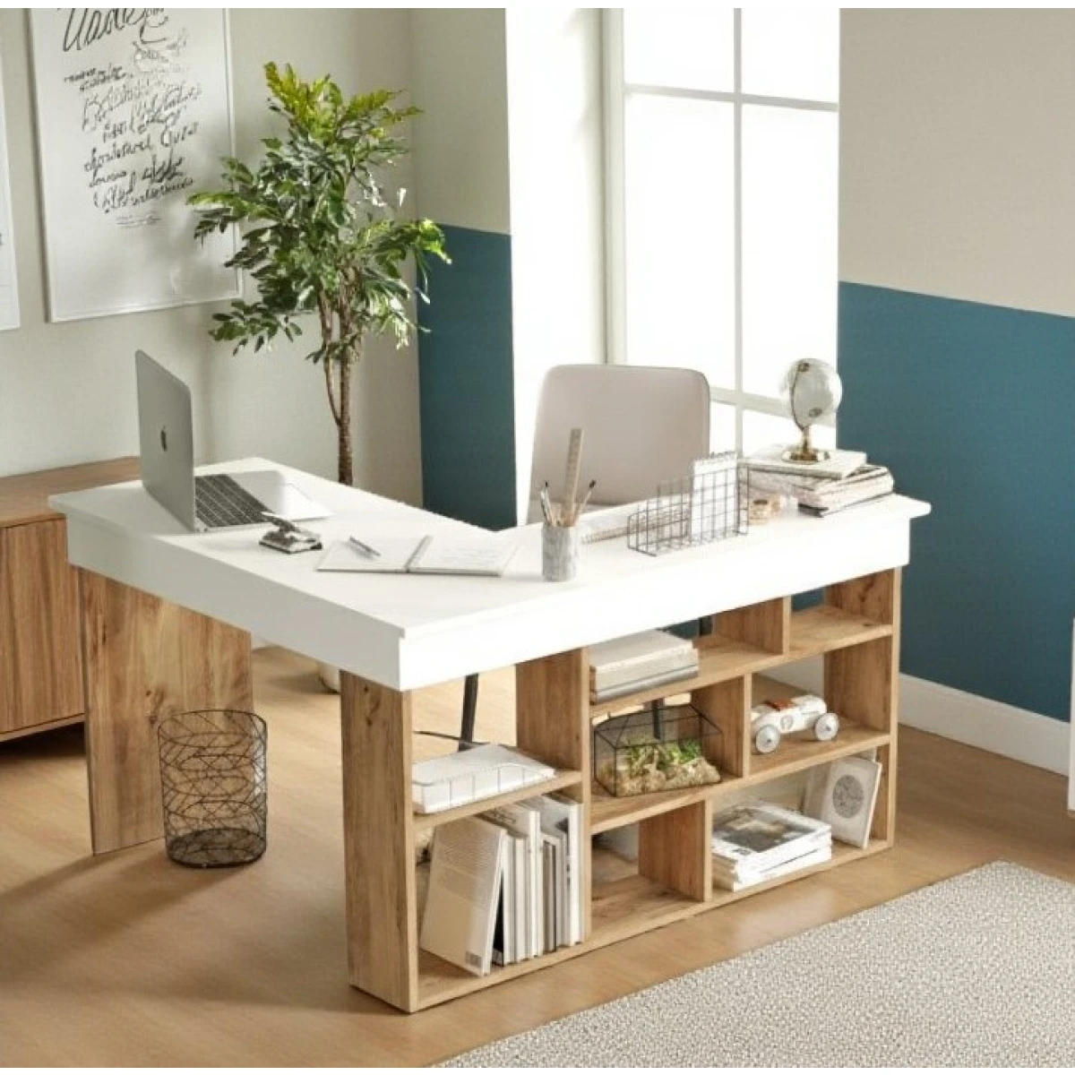 Robin Home Çalışma Masası + Kitaplık 2'li Set Çam- Beyaz - Görsel 3