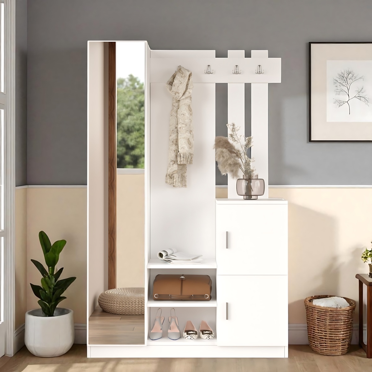 Robin Home Aynalı Vestiyer Portmanto Ayakkabılık Beyaz - Görsel 1