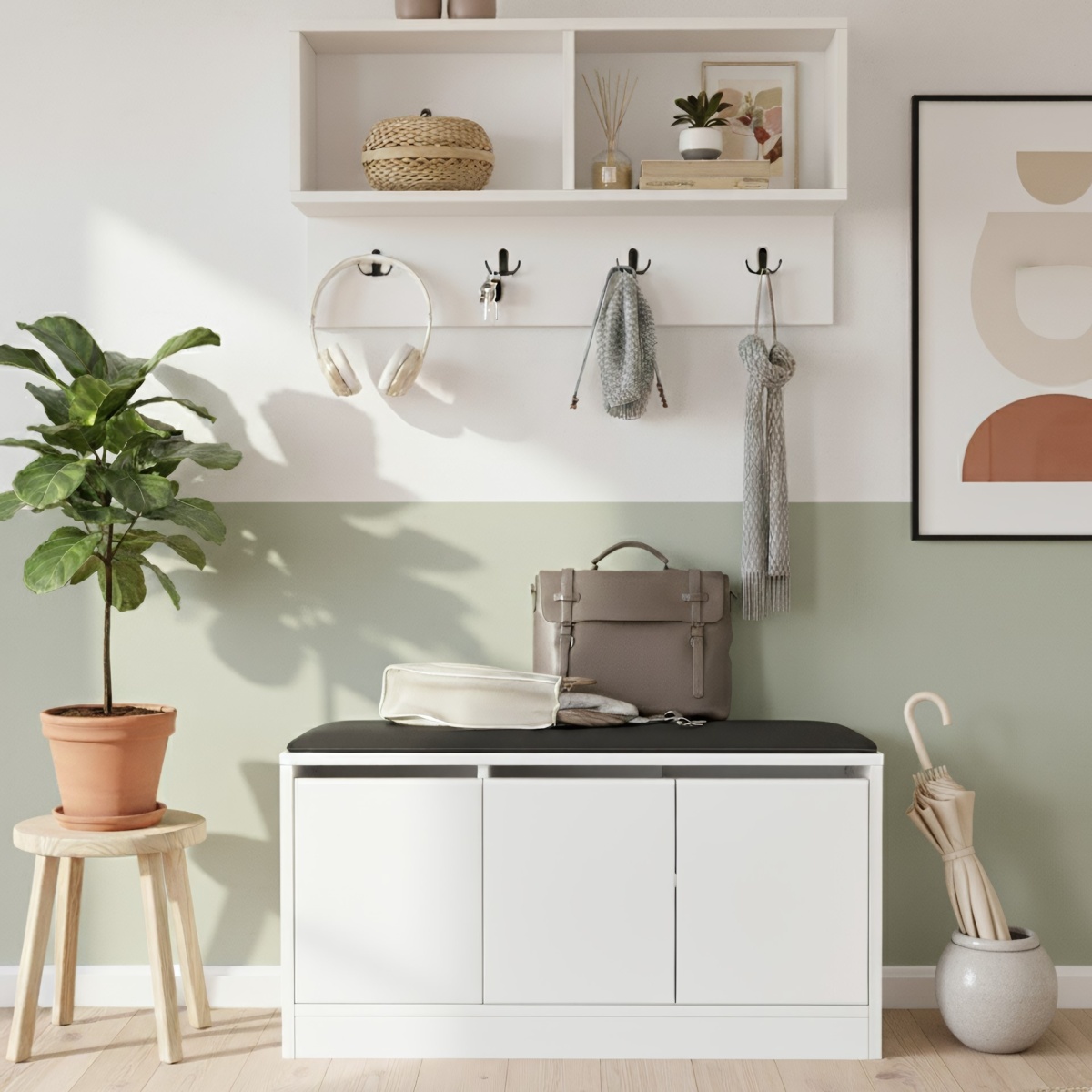 Robin Home Comfort Puflu Minderli Oturaklı Portmanto Ayakkabılık Vestiyer Beyaz - Görsel 1