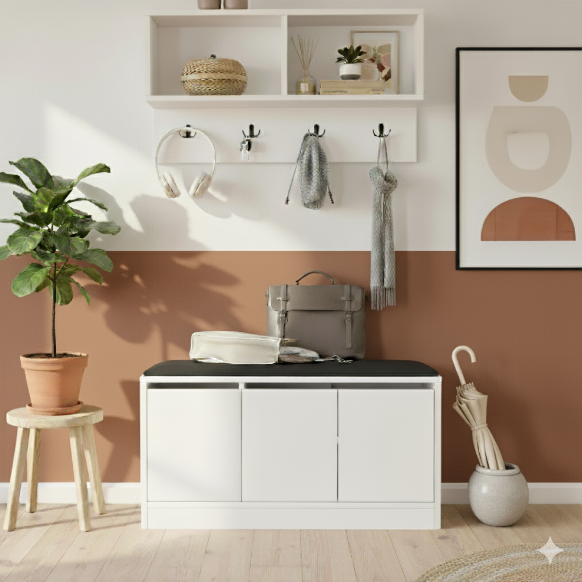Robin Home Comfort Puflu Minderli Oturaklı Portmanto Ayakkabılık Vestiyer Beyaz - Görsel 6