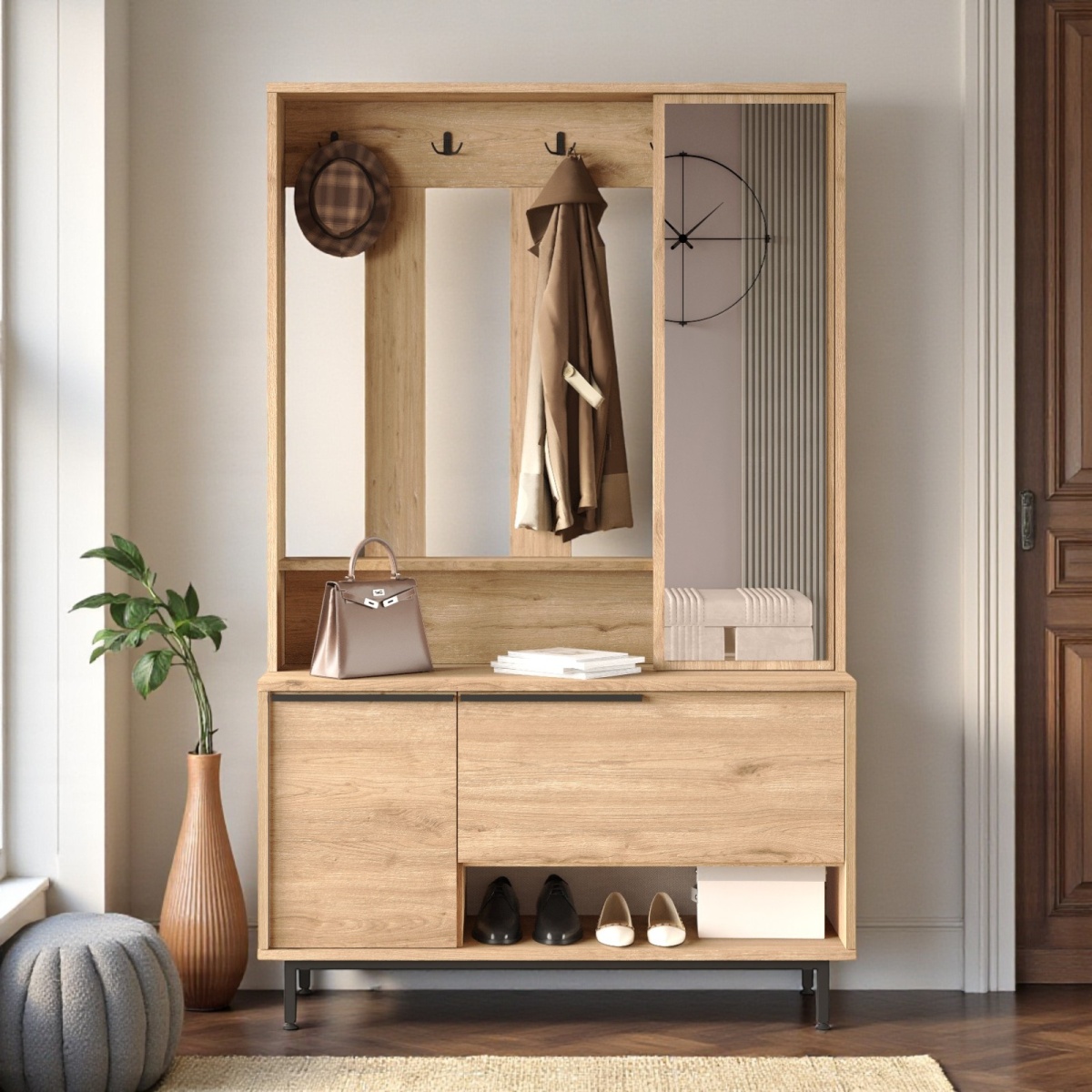 Robin Home Portmanto Vestiyer Ayakkabılık Aynalı Metal Ayaklı Sepet - Görsel 1