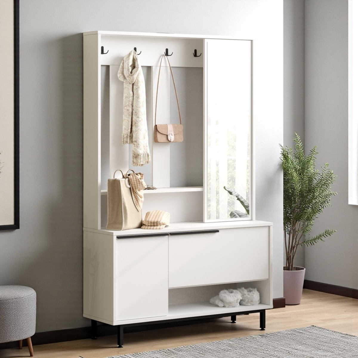 Robin Home Portmanto Vestiyer Ayakkabılık Aynalı Metal Ayaklı Beyaz - Görsel 3