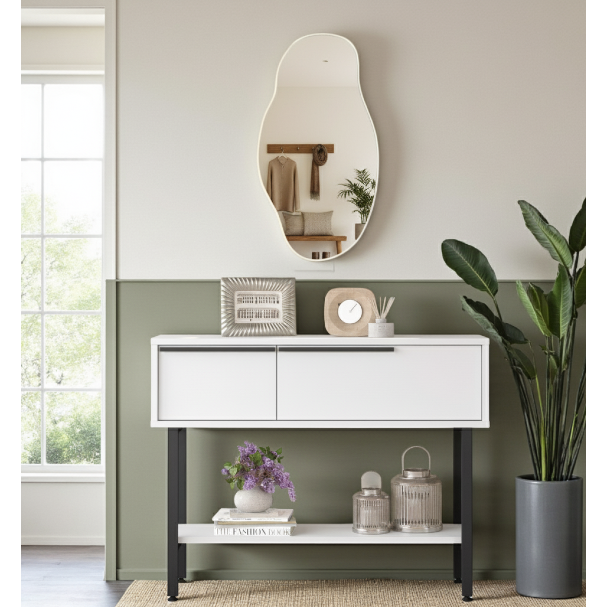 Robin Home Antre Hol Salon Aynalı Dresuar Kapaklı Metal Ayaklı NO1 Beyaz - Görsel 1