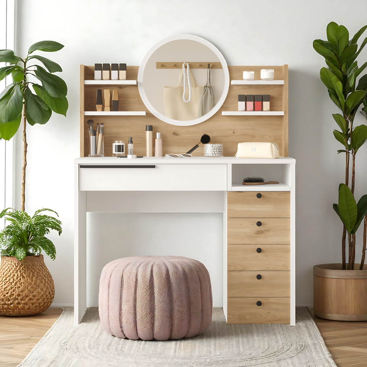 Robin Home Makyaj Masası Aynalı Çekmeceli Şifonyer Raf Sepet-Beyaz - Görsel 1