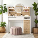 Robin Home Makyaj Masası Aynalı Çekmeceli Şifonyer Raf Sepet-Beyaz