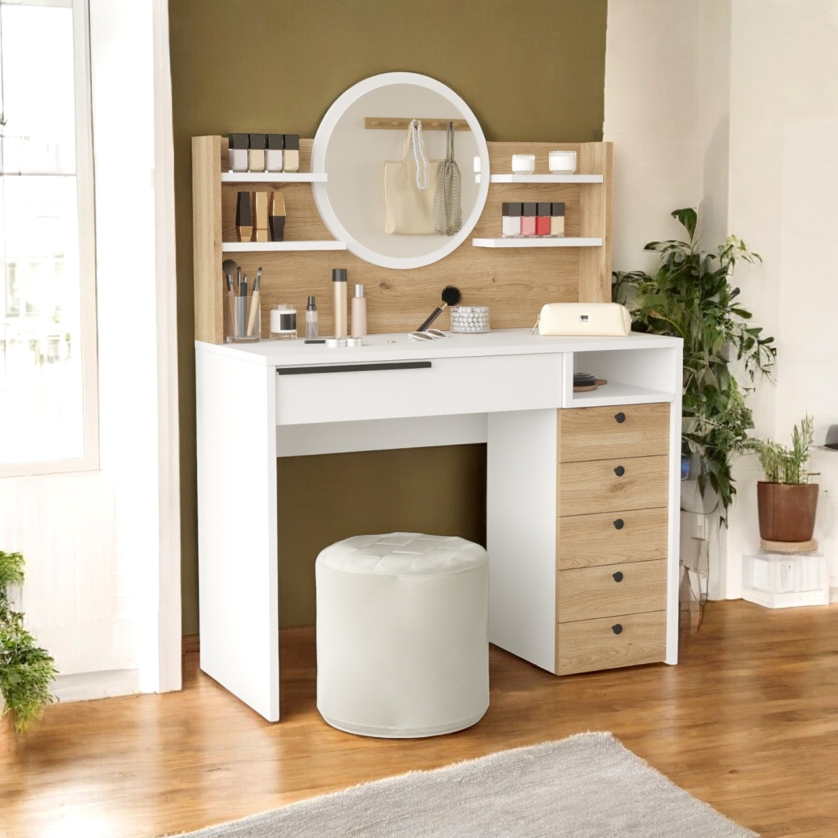 Robin Home Makyaj Masası Aynalı Çekmeceli Şifonyer Raf Sepet-Beyaz - Görsel 2