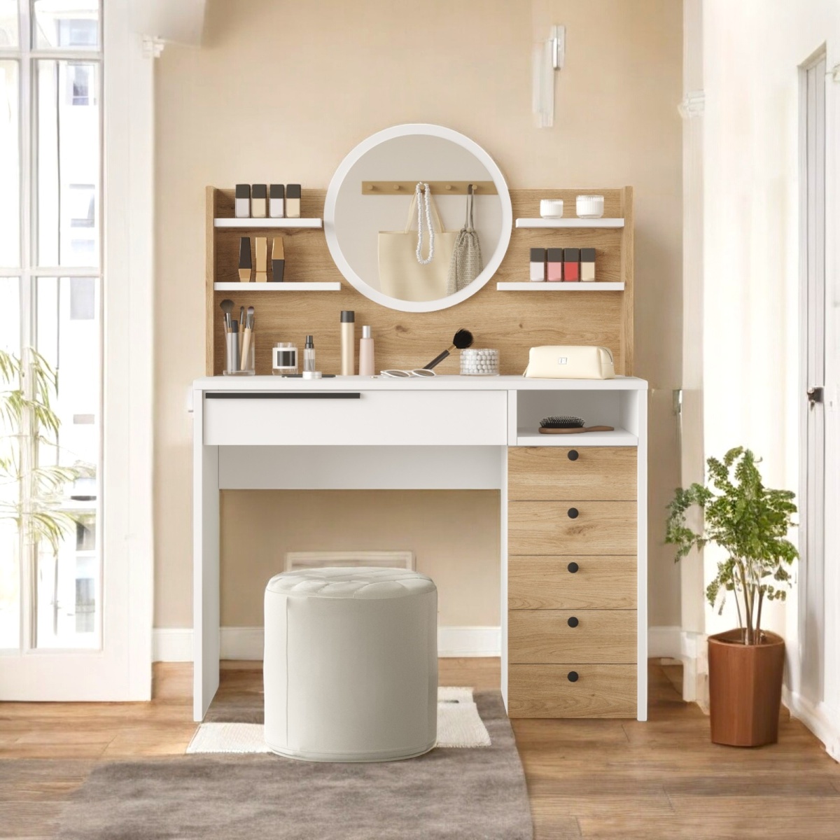 Robin Home Makyaj Masası Aynalı Çekmeceli Şifonyer Raf Sepet-Beyaz - Görsel 6