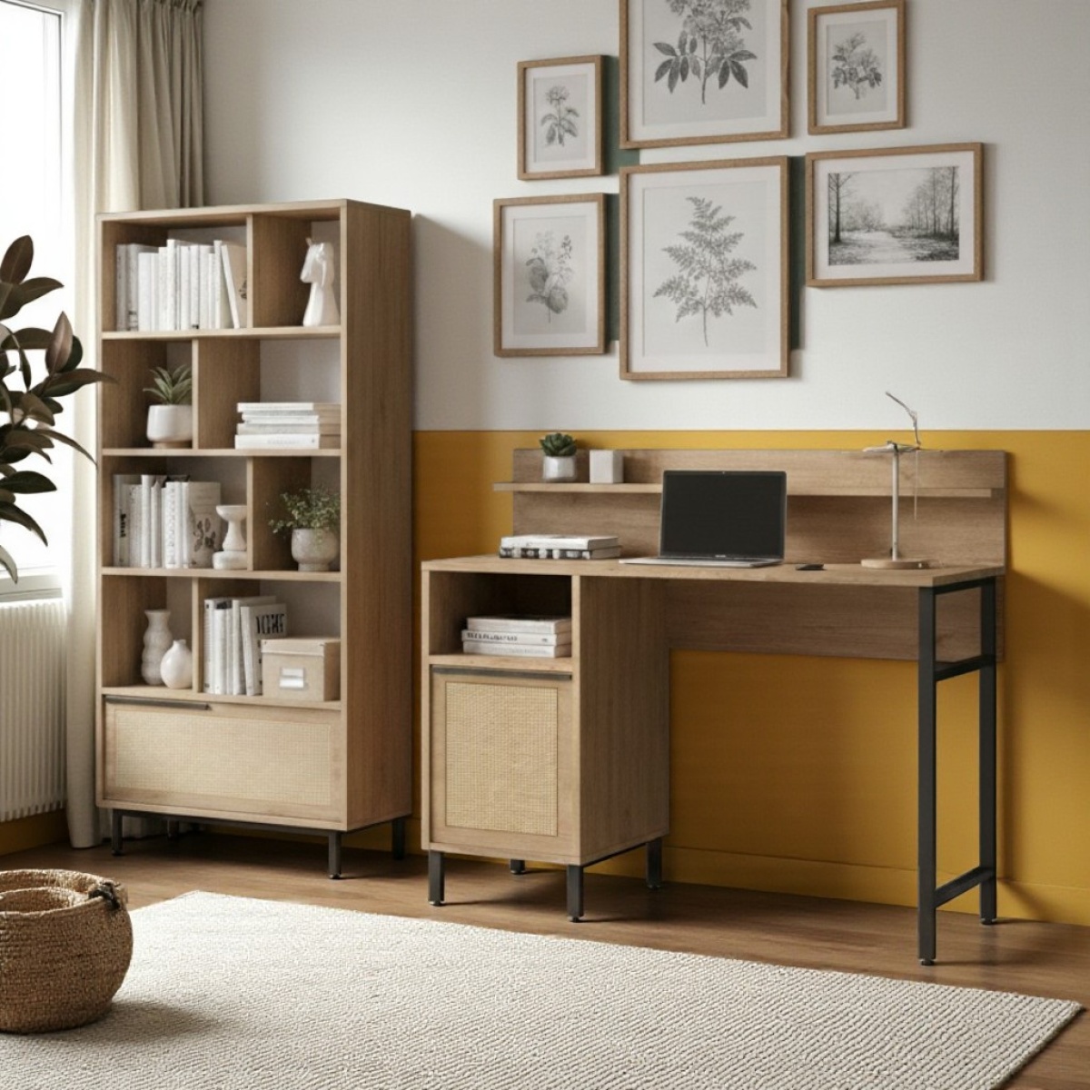 Robin Home Genç Çalışma Masası & Kitaplık 2'li set Sepet- Jüt Baskı Desen - Görsel 1