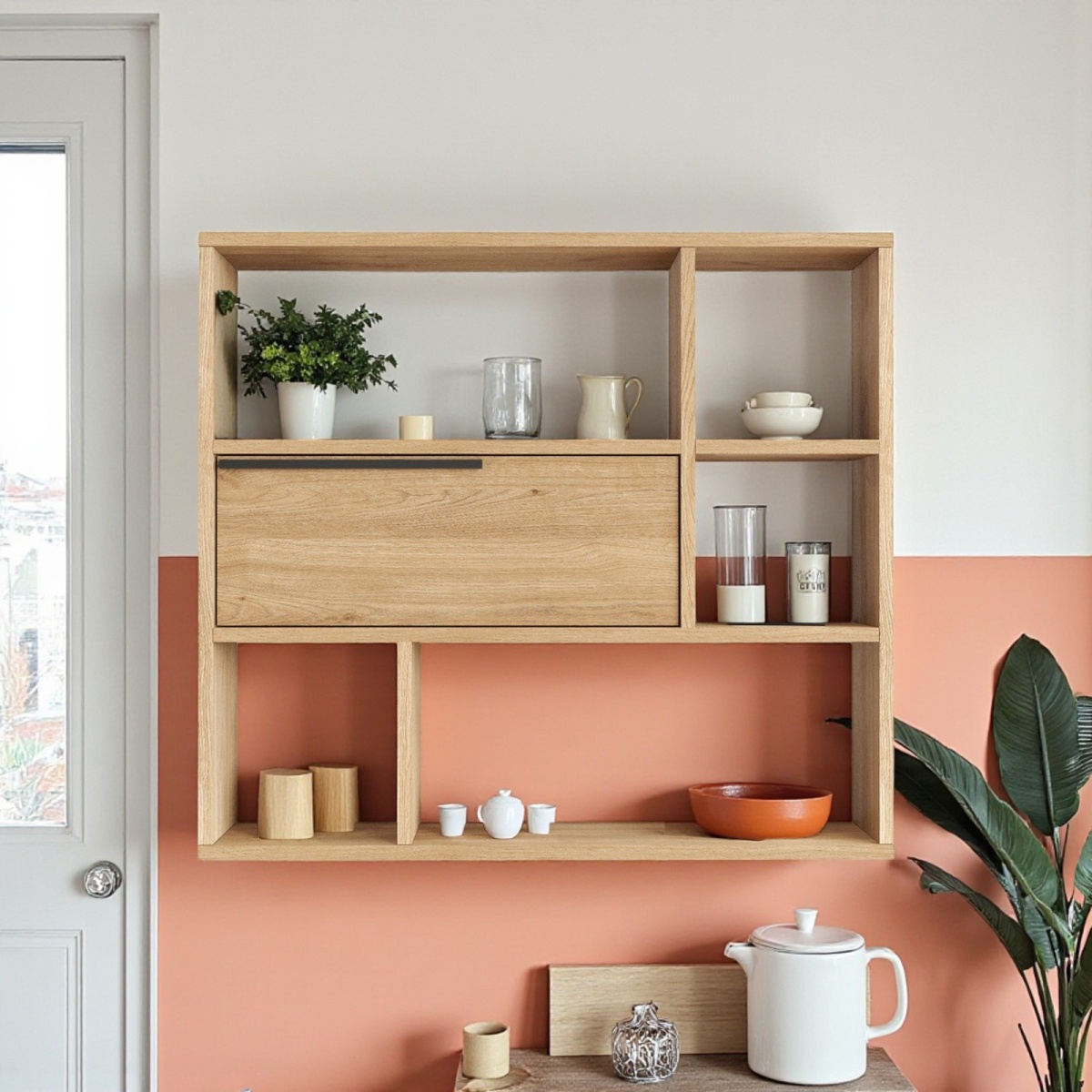 Robin Home Mutfak Salon Duvar Rafı Kitaplık 90cm Kapaklı Sepet - Görsel 1