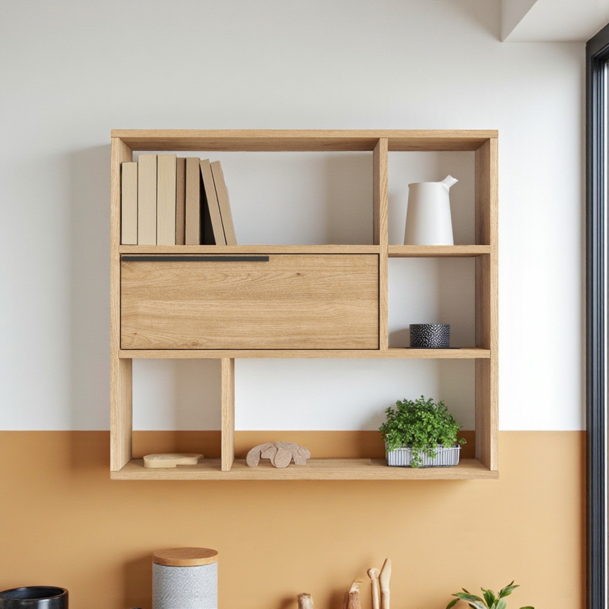 Robin Home Mutfak Salon Duvar Rafı Kitaplık 90cm Kapaklı Sepet - Görsel 3