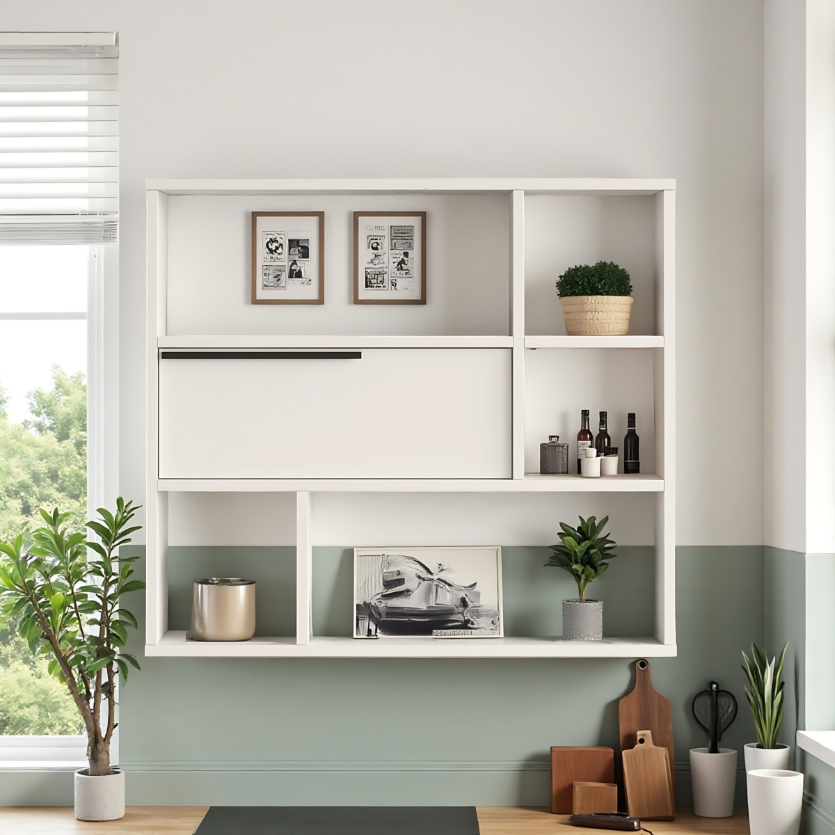 Robin Home Mutfak Salon Duvar Rafı Kitaplık 90cm Kapaklı Beyaz - Görsel 1