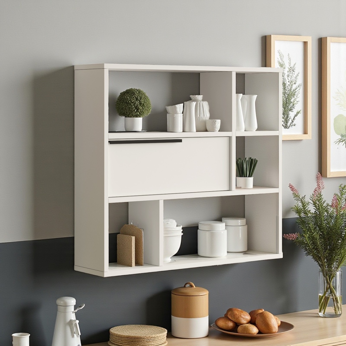 Robin Home Mutfak Salon Duvar Rafı Kitaplık 90cm Kapaklı Beyaz - Görsel 2