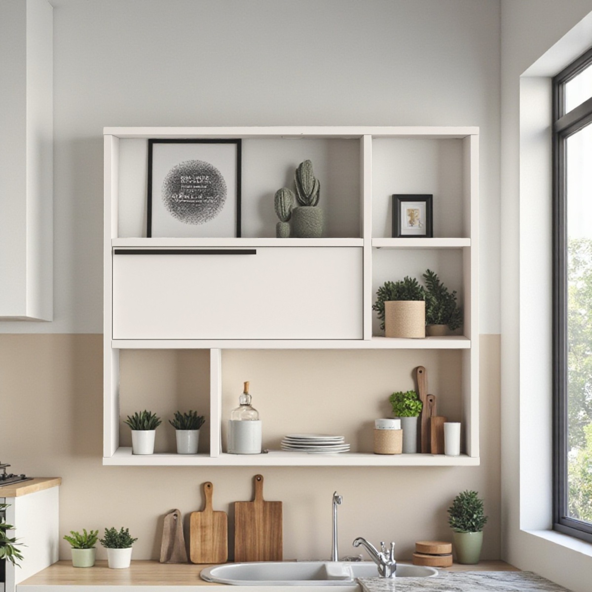 Robin Home Mutfak Salon Duvar Rafı Kitaplık 90cm Kapaklı Beyaz - Görsel 3