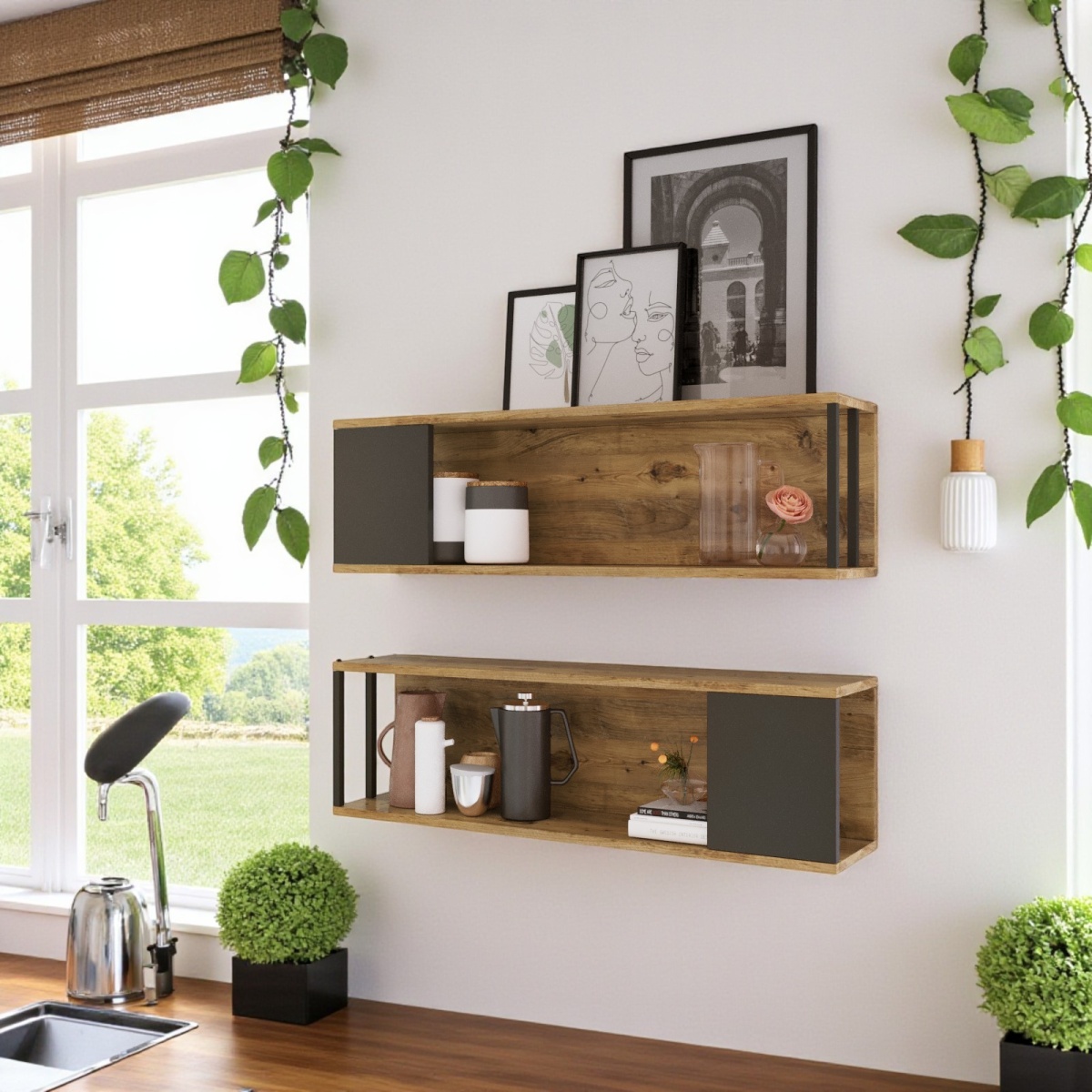Robin Home Mutfak Rafı Duvar Rafı Kitaplık 2'Li Set - Görsel 2
