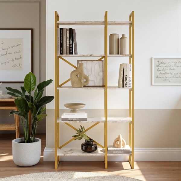 Robin Home Gold Metal Kitaplık 5 Raflı 2 Bölme 175cm Mermer Desen