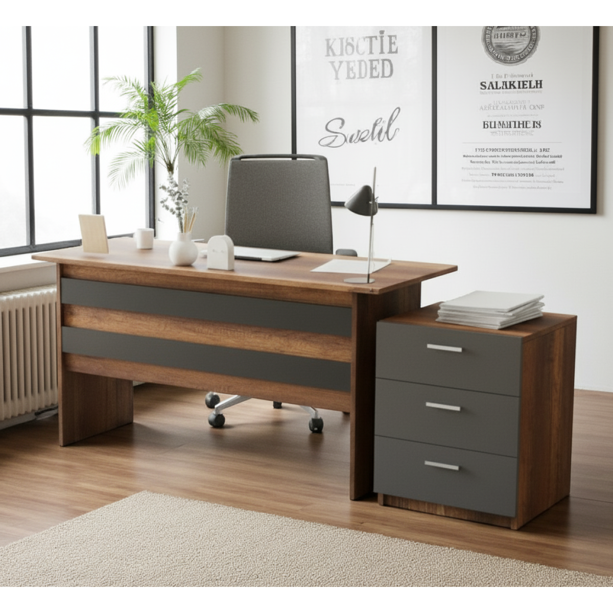Robin Home Verona Ofis Çalışma Masası ve 3 çekmeceli Keson Takım Meşe-Siyah - Görsel 1