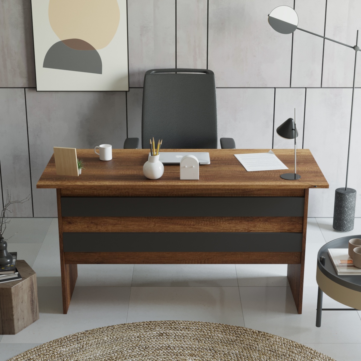 Robin Home Verona Ofis Çalışma Masası ve 3 çekmeceli Keson Takım Meşe-Siyah - Görsel 2