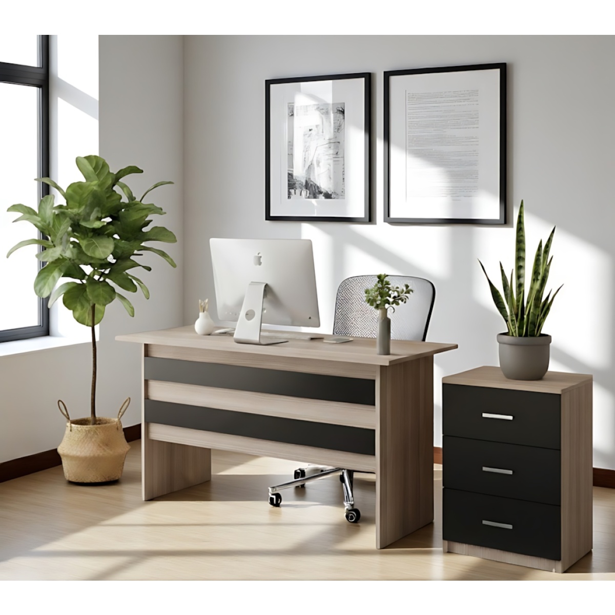 Robin Home Verona Ofis Çalışma Masası ve 3 çekmeceli Keson Takım Set Meşe-Siyah - Görsel 1