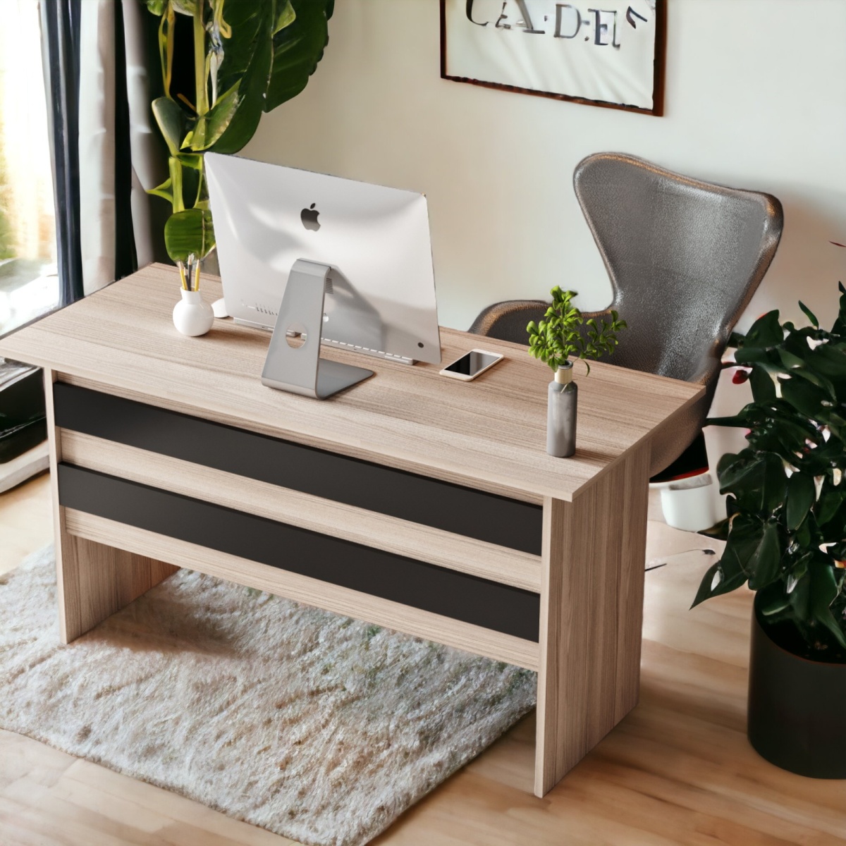 Robin Home Verona Ofis Çalışma Masası ve 3 çekmeceli Keson Takım Set Meşe-Siyah - Görsel 2