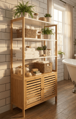 Bambu Çok Amaçlı Raflı Banyo Düzenleyici 2 Kapaklı Dolap - Görsel 3