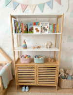 Montessori Doğal Bambu Bebek Çocuk odası Raflı Kapaklı Kitaplık Oyuncak Dolabı