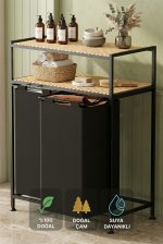 Kirli Sepeti Ahşap Raflı 2 Katlı 2 Bölmeli Kumaş Banyo Dolabı Düzenleyici Çamaşır sepeti