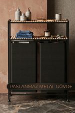 Kirli Sepeti Ahşap Raflı 2 Katlı 2 Bölmeli Kumaş Banyo Dolabı Düzenleyici Çamaşır sepeti - Görsel 2