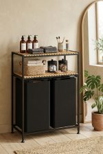 Kirli Sepeti Ahşap Raflı 2 Katlı 2 Bölmeli Kumaş Banyo Dolabı Düzenleyici Çamaşır sepeti - Görsel 3