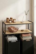 Kirli Sepeti Ahşap Raflı 2 Katlı 2 Bölmeli Kumaş Banyo Dolabı Düzenleyici Çamaşır sepeti - Görsel 4