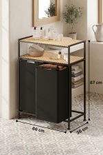 Kirli Sepeti Ahşap Raflı 2 Katlı 2 Bölmeli Kumaş Banyo Dolabı Düzenleyici Çamaşır sepeti - Görsel 5