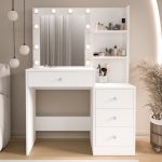 Robin Home Hollywood Makyaj Masası 4 Çekmeceli Düzenleyici Hollywood Led Işıklı Raflı Beyaz