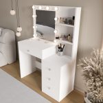 Robin Home Hollywood Makyaj Masası 4 Çekmeceli Düzenleyici Hollywood Led Işıklı Raflı Beyaz - Görsel 3