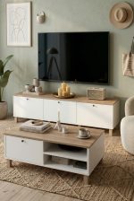 Robin Home Alaska Tv Ünitesi Orta Sehpa Ahşap Ayaklı 2'li Set Sepet-Beyaz